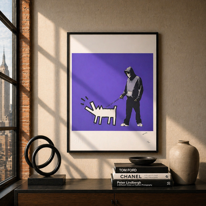 Banksy Barking Dog (paars) Lithografie Arches 300gsm 42x59 cm