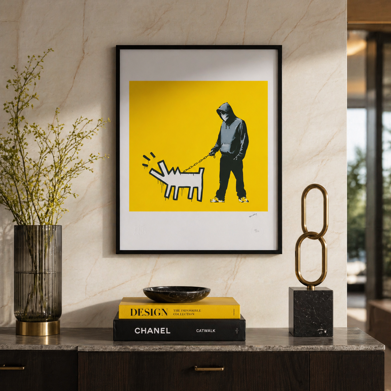 Banksy Barking Dog (Geel) Lithografie Arches 300gsm 42x59 cm
