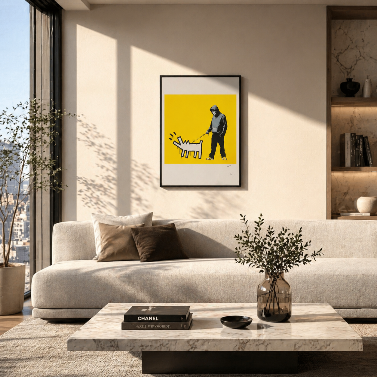 Banksy Barking Dog (Geel) Lithografie Arches 300gsm 42x59 cm