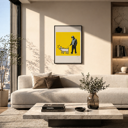 Banksy Barking Dog (Geel) Lithografie Arches 300gsm 42x59 cm