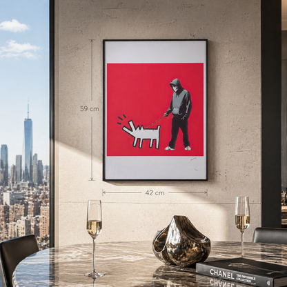 Banksy Barking Dog (Rood) Lithografie Arches 300gsm 42x59 cm