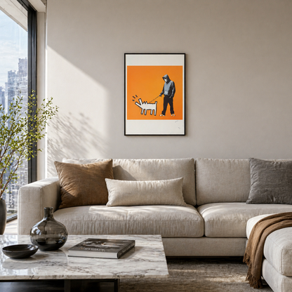 Banksy Barking Dog (Oranje) Lithografie Arches 300gsm 42x59 cm