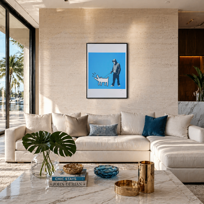 Banksy Barking Dog (Blauw) Lithografie Arches 300gsm 42x59 cm