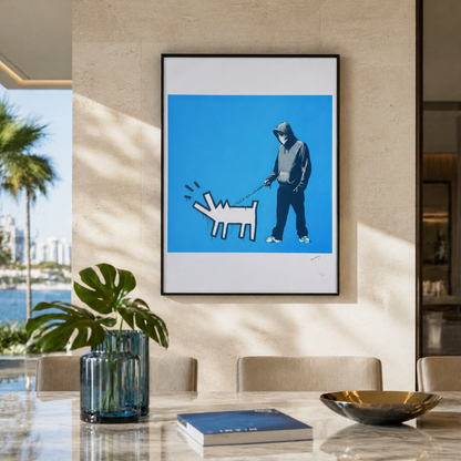 Banksy Barking Dog (Blauw) Lithografie Arches 300gsm 42x59 cm