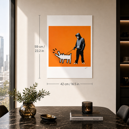 Banksy Barking Dog (Oranje) Lithografie Arches 300gsm 42x59 cm