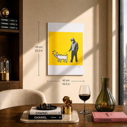 Banksy Barking Dog (Geel) Lithografie Arches 300gsm 42x59 cm
