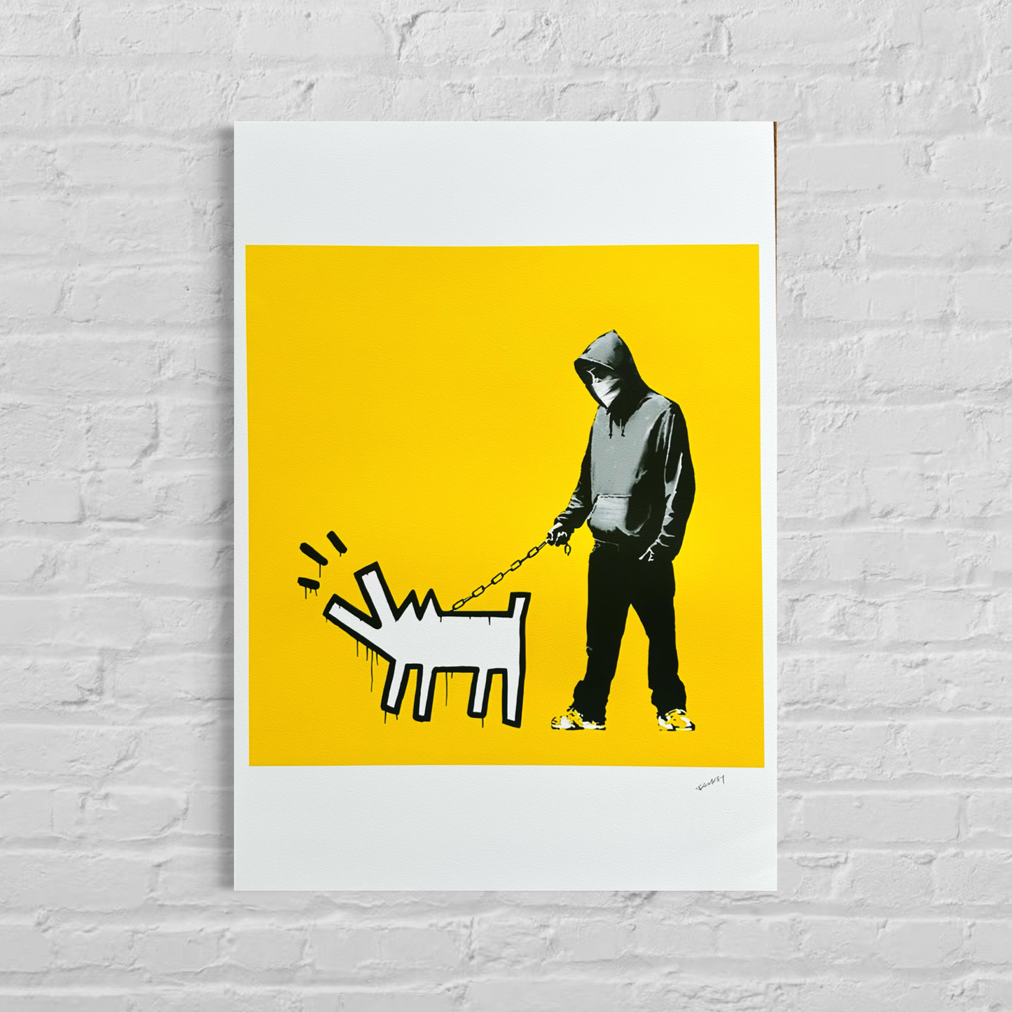 Banksy Barking Dog (Geel) Lithografie Arches 300gsm 42x59 cm